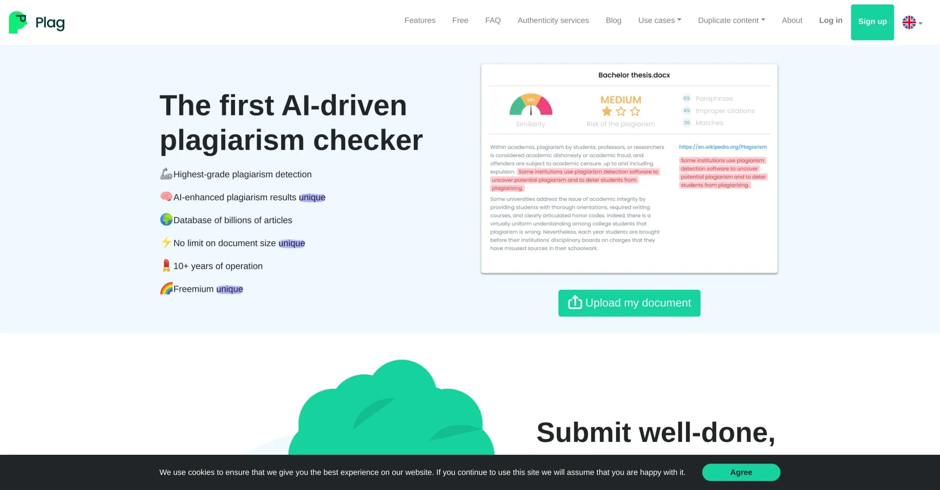 PlagAI homepage screenshot — Detect plagiarism instantly and affordably.