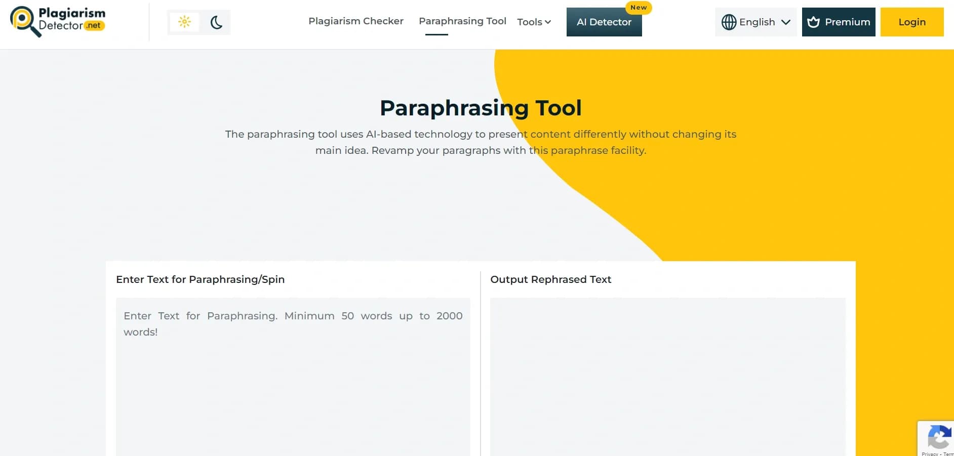 Plagiarism Detector homepage screenshot — Rephrase text for clarity without changing meaning.