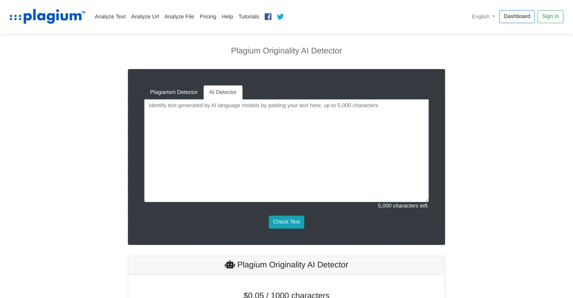 Plagium AI Detector homepage screenshot — Detect plagiarism and AI-generated content quickly.