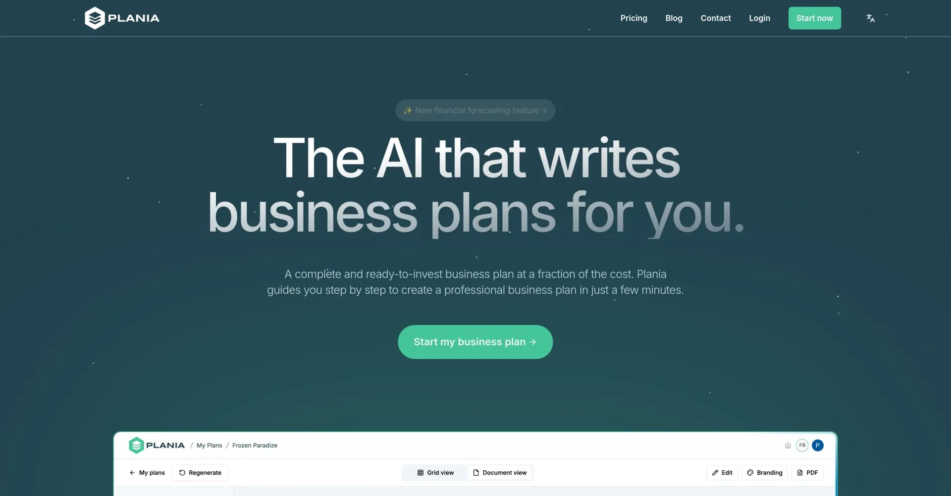 Plania homepage screenshot — AI-powered business plans in minutes.