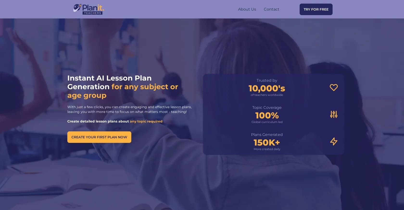 Planit Teachers homepage screenshot — AI lesson plans in seconds for any subject or age