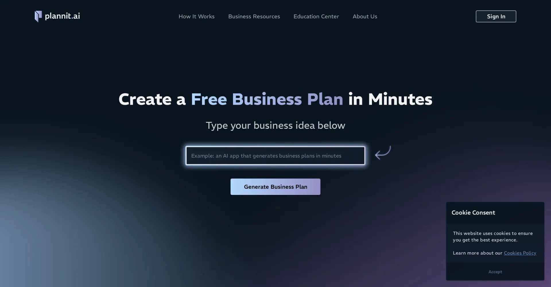 Plannit homepage screenshot — Create professional business plans in minutes with AI