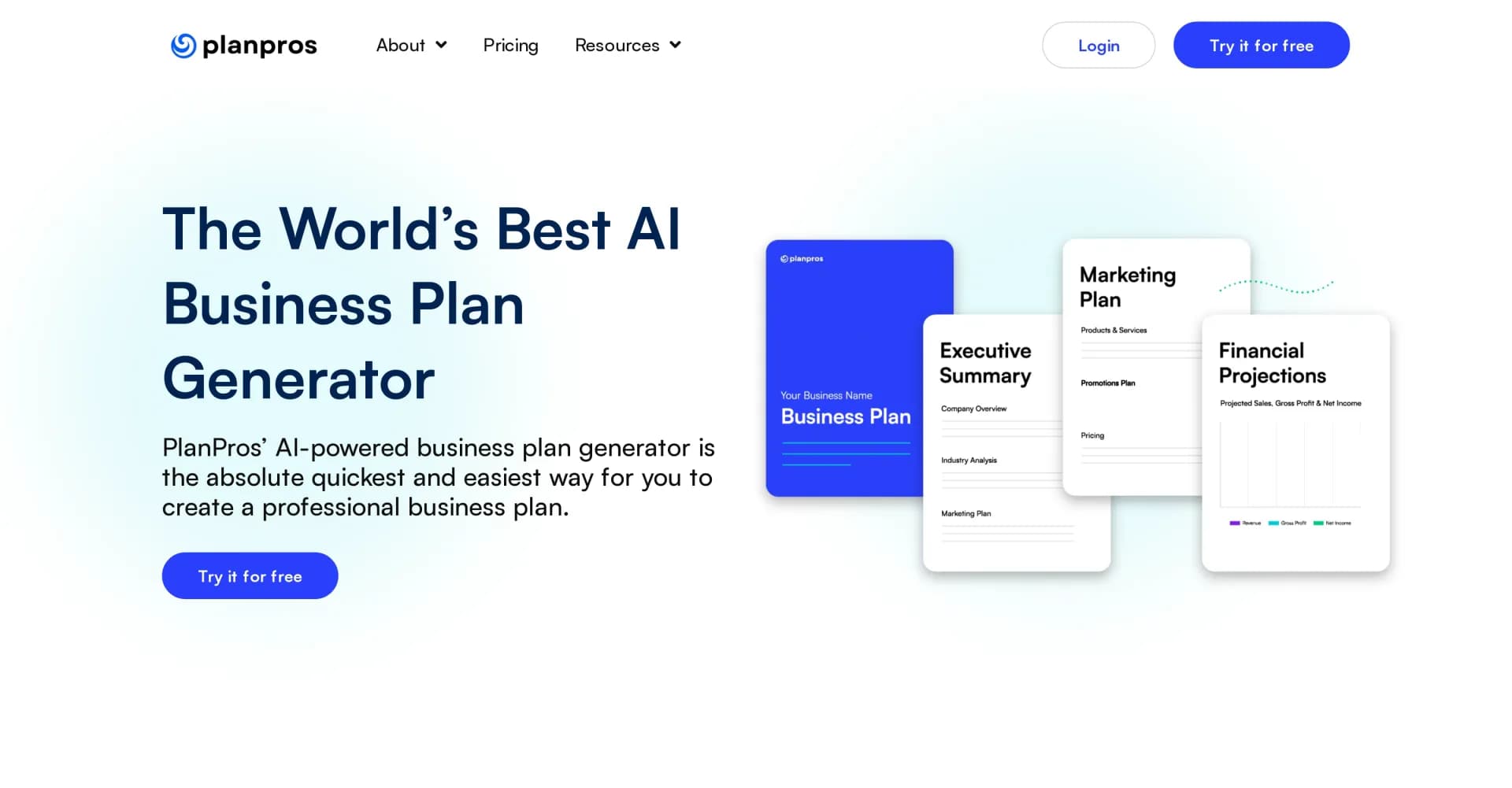 PlanPros homepage screenshot — Craft perfect business plans in minutes with AI