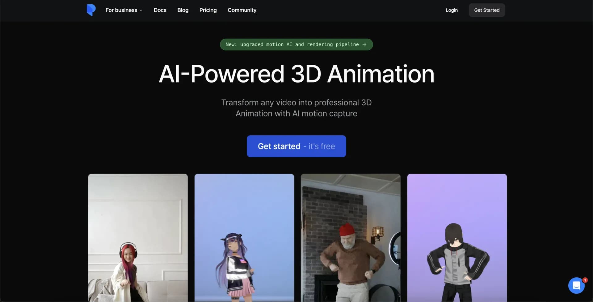 Plask homepage screenshot — AI motion capture: Video to stunning animation.