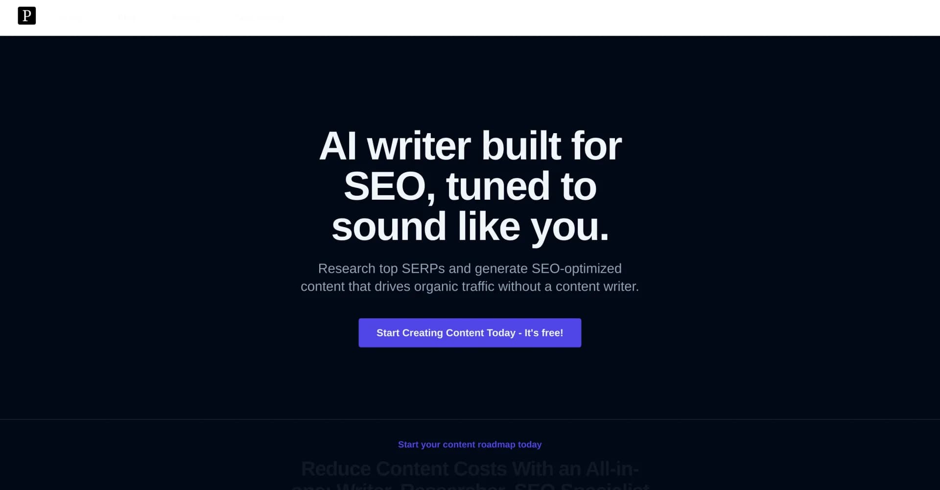 Platen homepage screenshot — AI-powered content marketing that drives traffic and convers