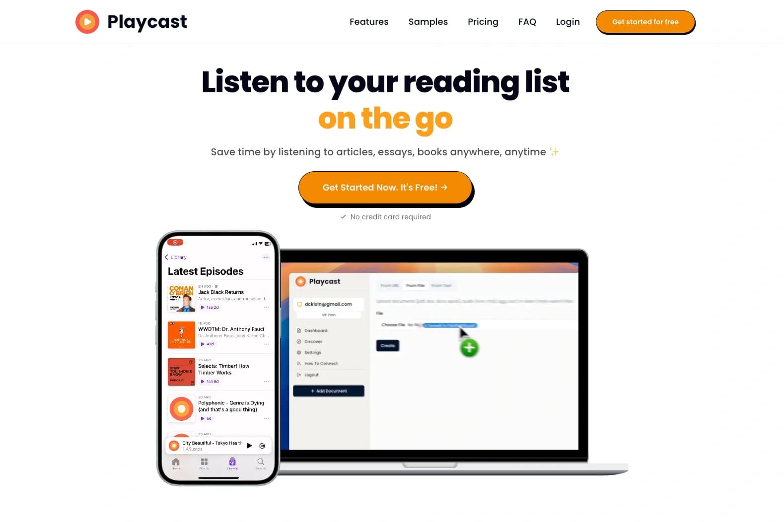 Playcast homepage screenshot — Listen to your reading list on the go.