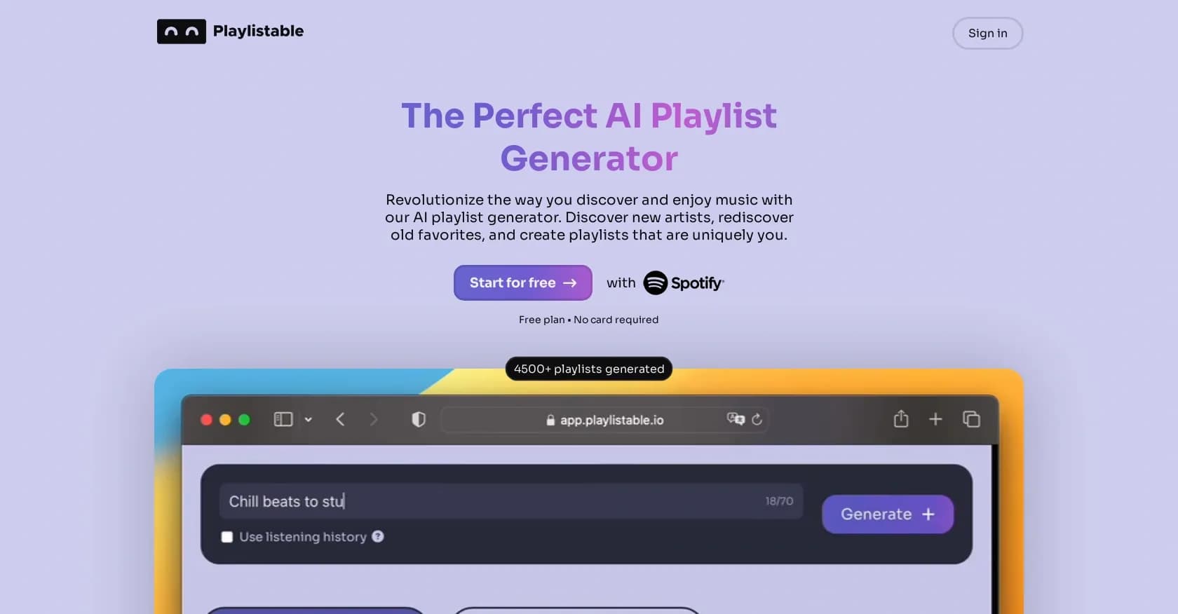Playlistable homepage screenshot — Generate perfect playlists for any mood or occasion.