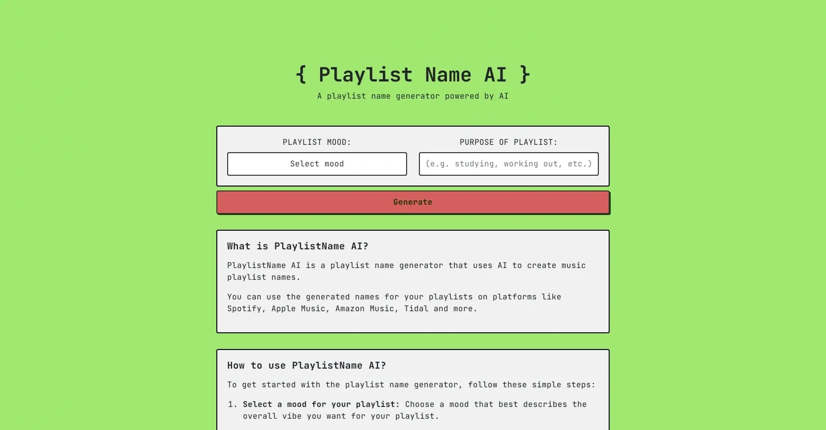 Playlistnameai homepage screenshot — AI-powered playlist name generator