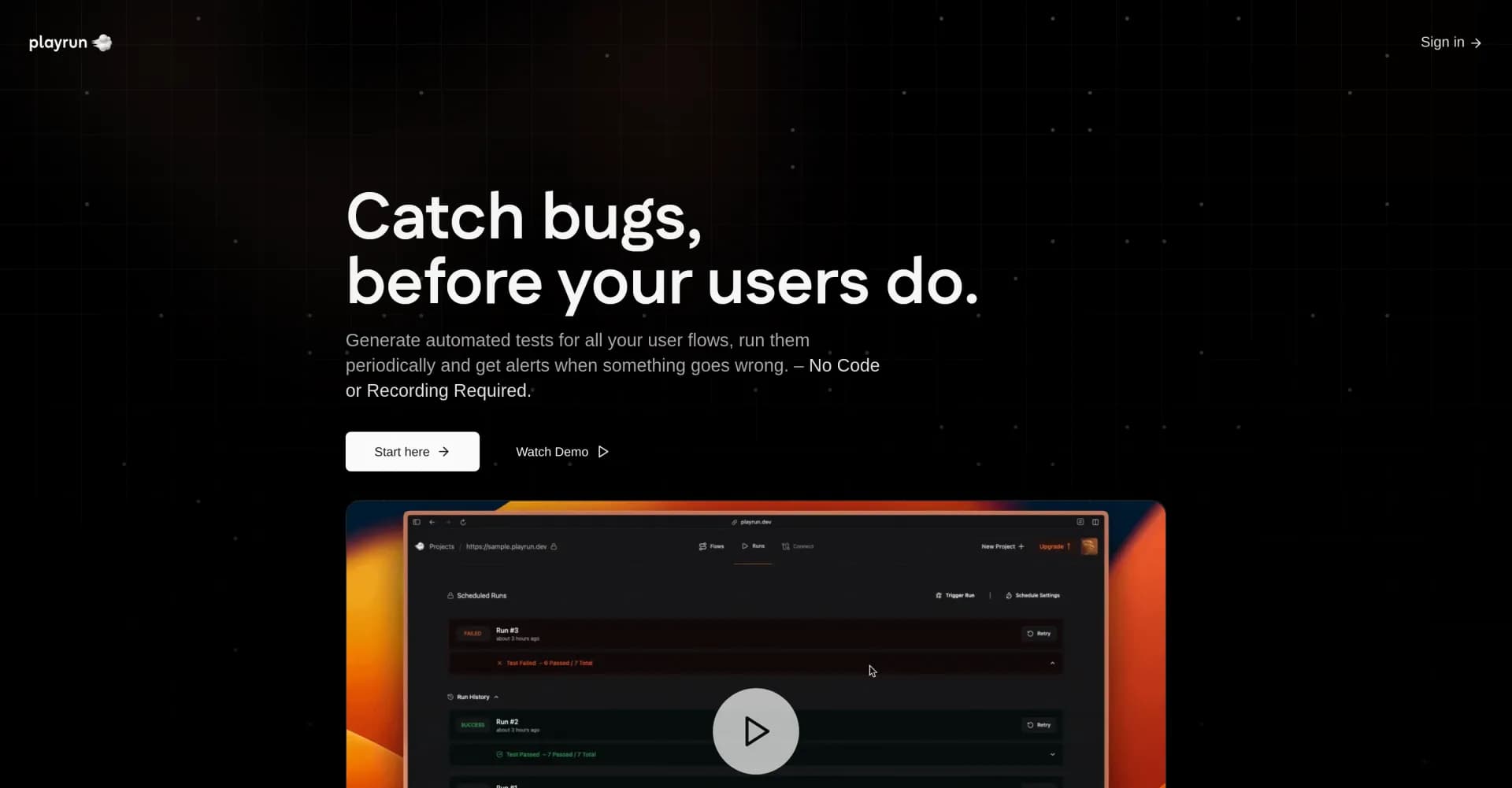 Playrun homepage screenshot — Catch bugs before users do with automated testing.
