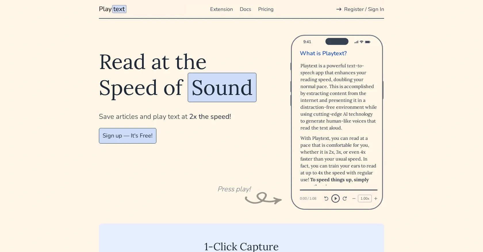 PlayText homepage screenshot — Read at the speed of sound