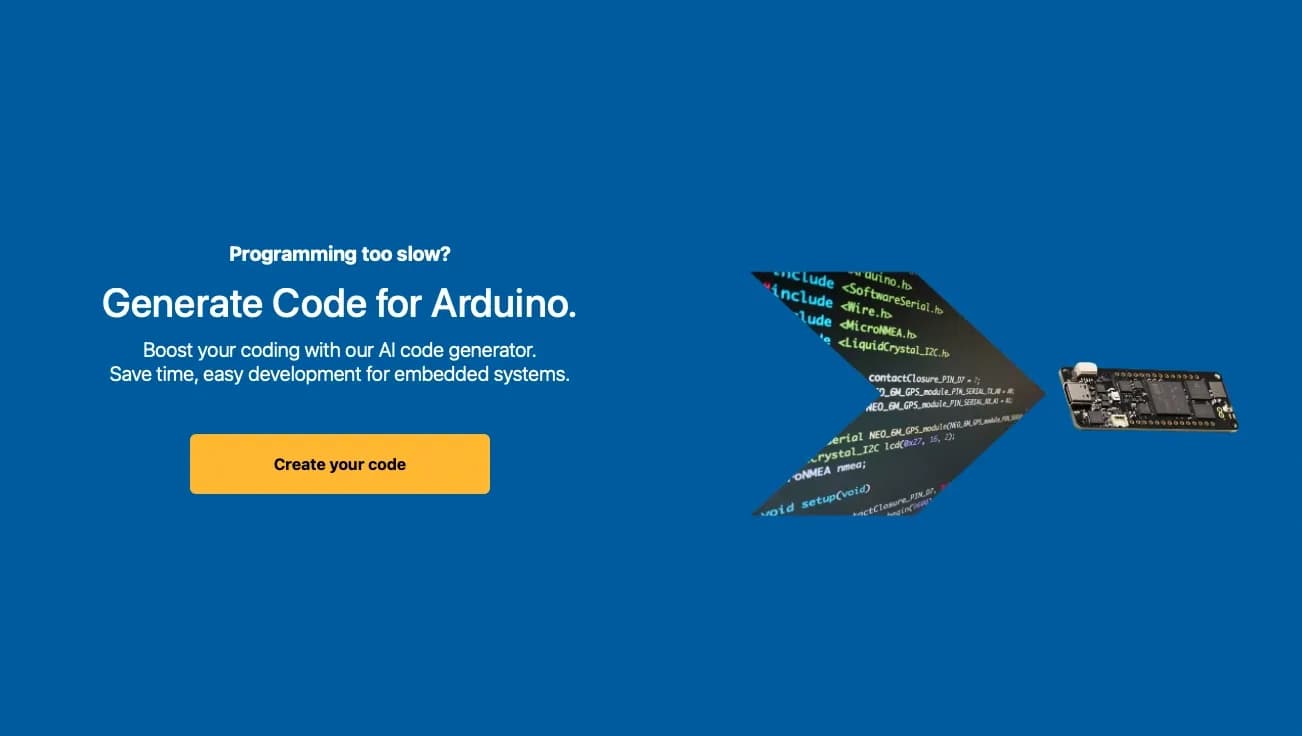 Please Don't Code homepage screenshot — Generate code for Arduino with our AI.