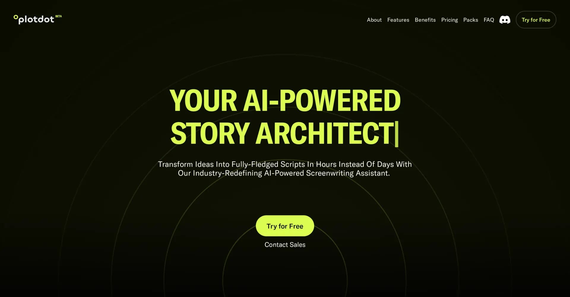 Plotdot homepage screenshot — Transform ideas into scripts in hours with AI.
