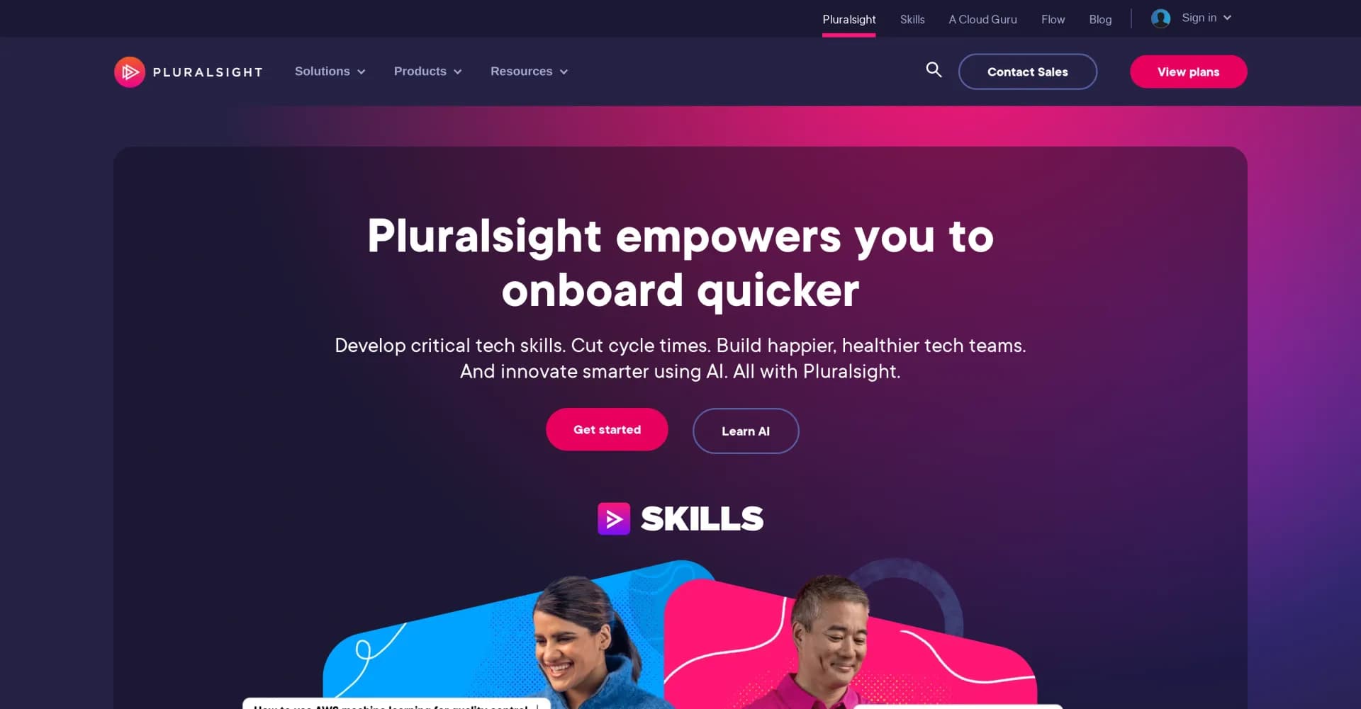 Pluralsight homepage screenshot — Fuel skill development and improve processes with online lea