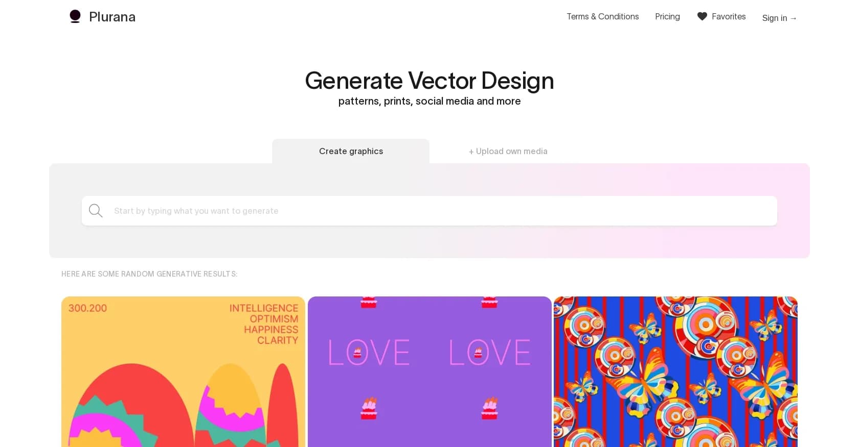 Plurana homepage screenshot — Generate vector designs inspired by cultural heritage.