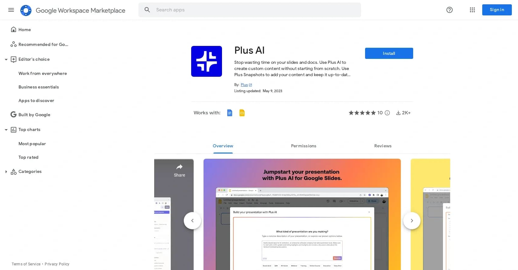 Plus AI homepage screenshot — Create custom content effortlessly in Google Workspace.