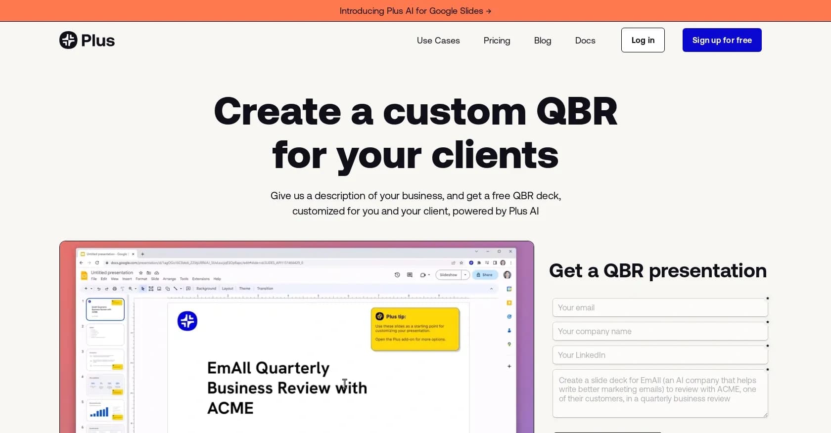 Plus AI QBR homepage screenshot — Generate custom QBR decks with AI