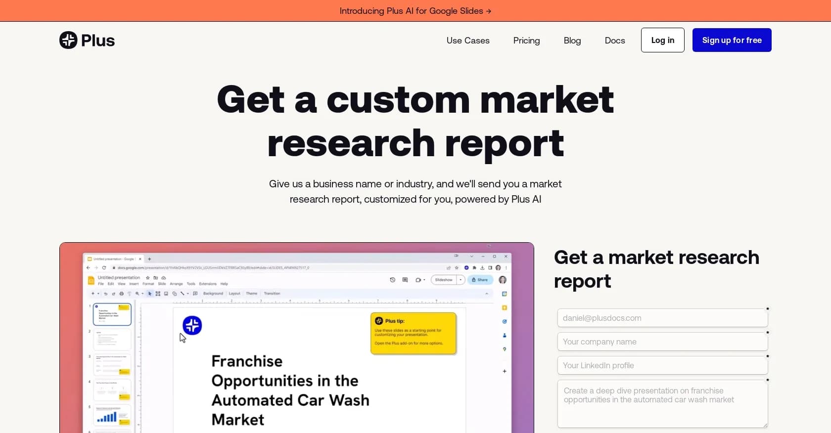 Plusdocs homepage screenshot — Custom AI-powered market research reports on demand