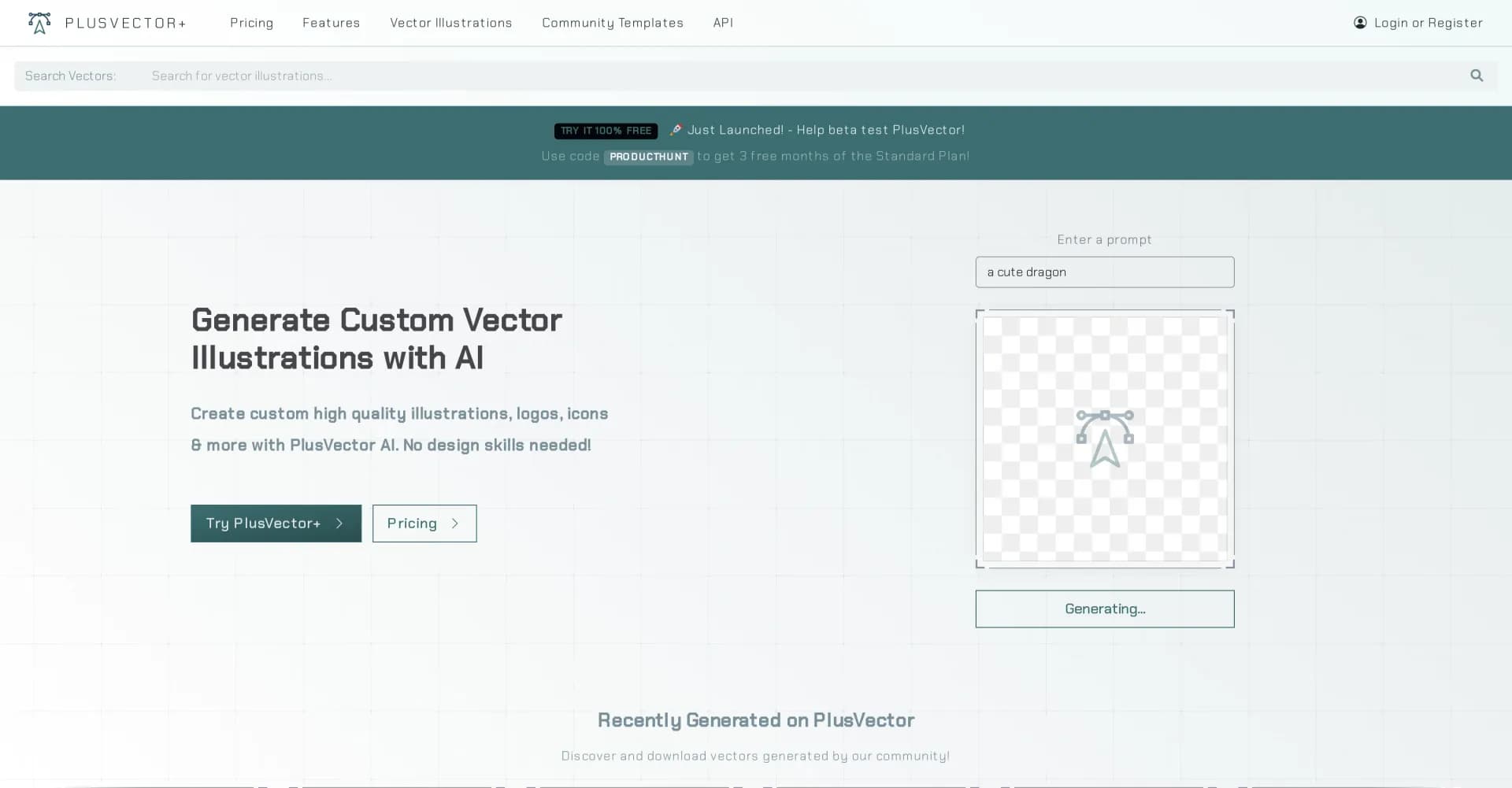 PlusVector homepage screenshot — Generate custom vector art with AI