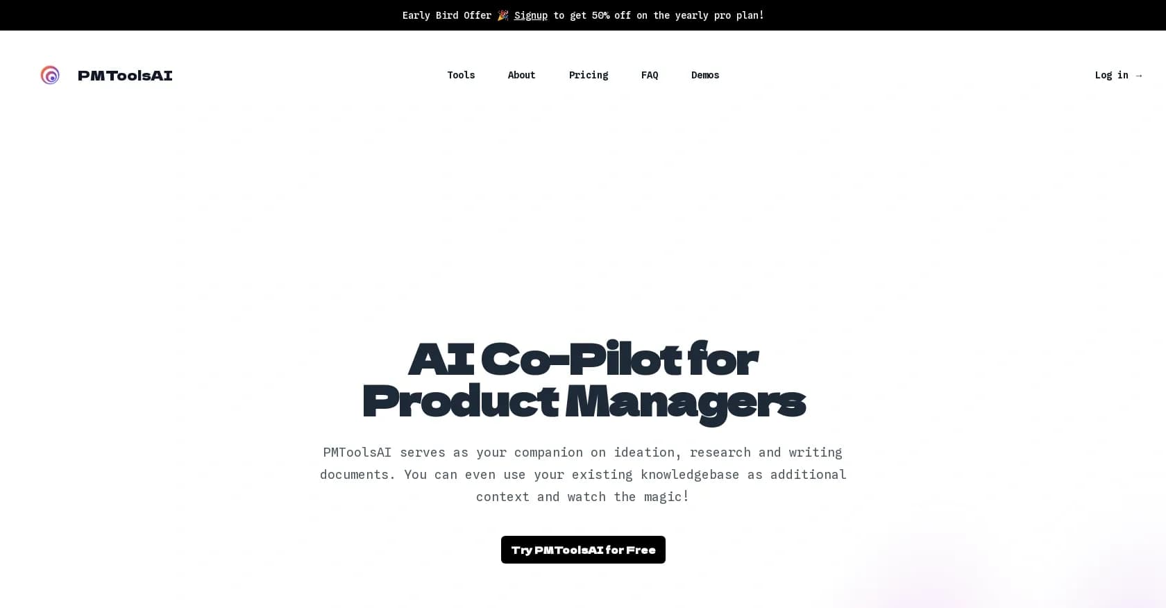 Pmtoolsai homepage screenshot — AI co-pilot for Product Managers