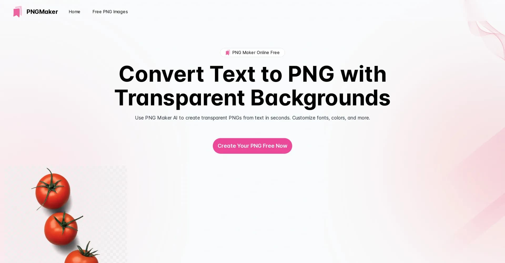 PNG Maker homepage screenshot — Create transparent PNGs from text in seconds.