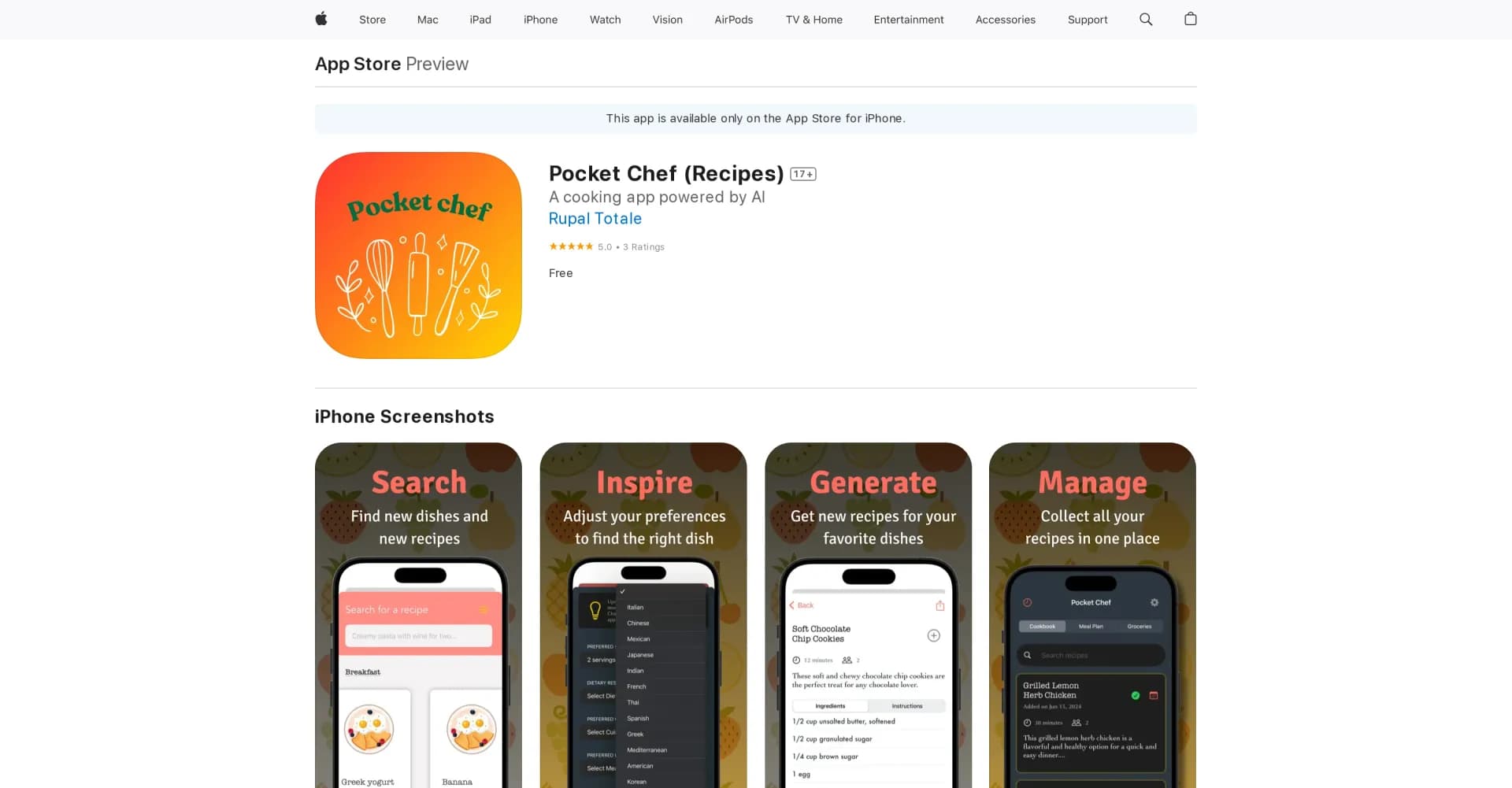 Pocket Chef (Recipes) homepage screenshot — AI-powered app for quick, easy recipes.