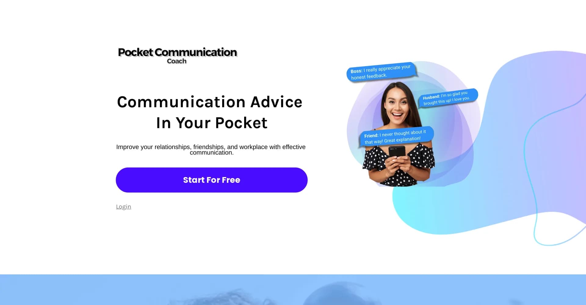 Pocket Communication Coach homepage screenshot — Get expert communication advice in your pocket.