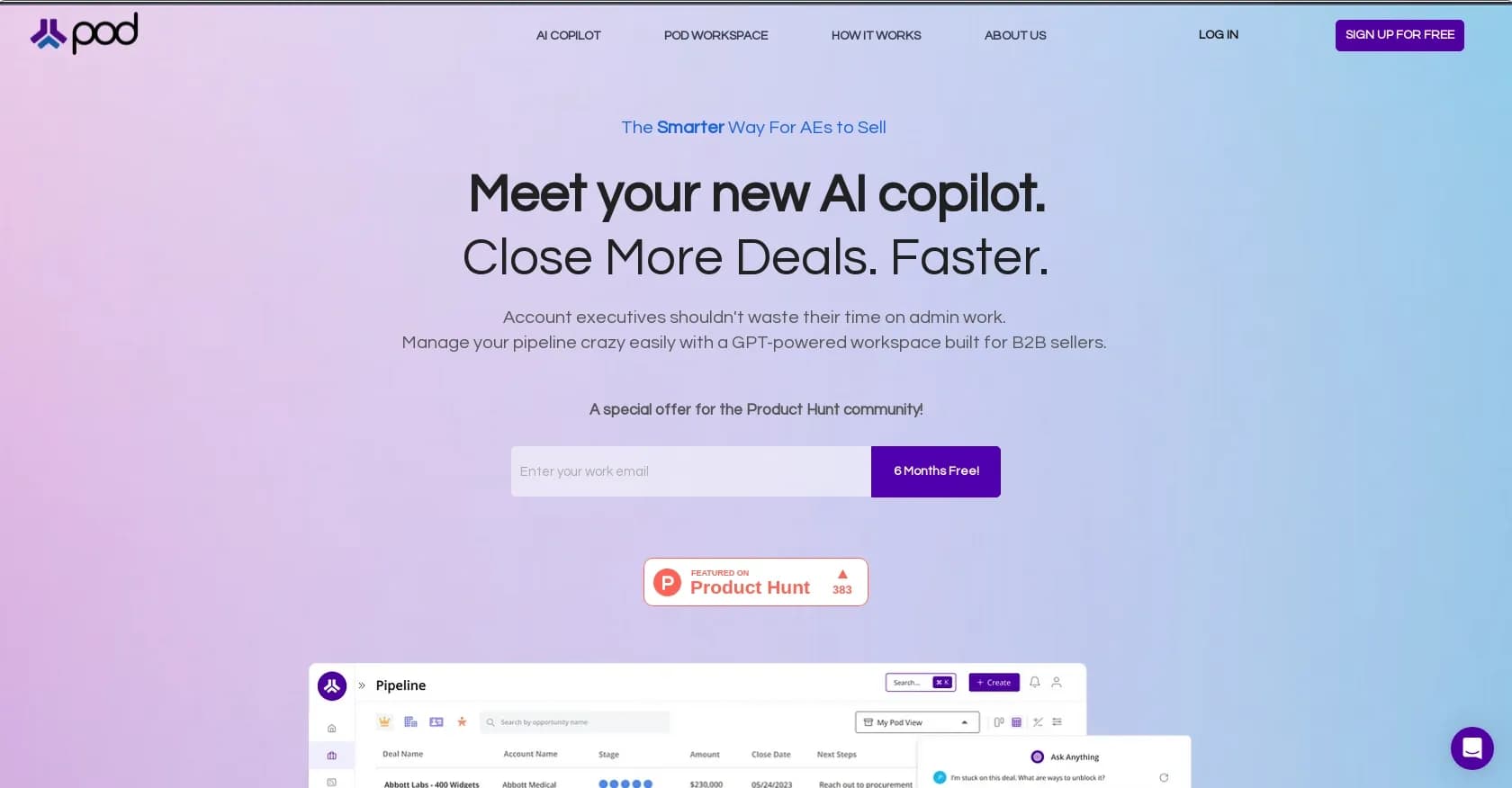 Pod homepage screenshot — AI copilot for B2B salespeople to manage pipelines efficient