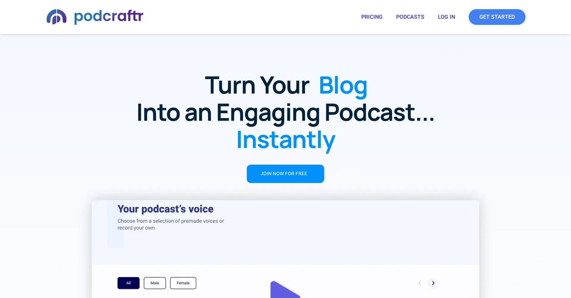 Podcraftr homepage screenshot — Transform text into engaging podcasts instantly.