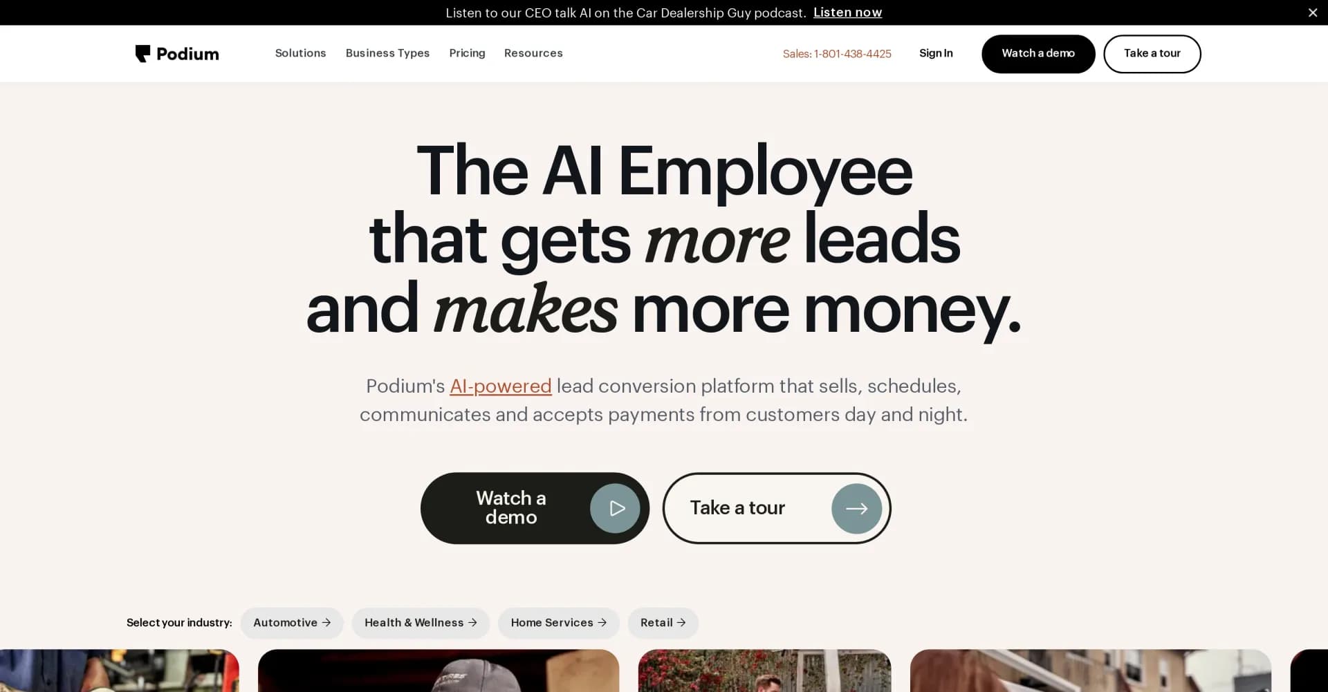 Podium homepage screenshot — AI-powered lead generation and conversion platform
