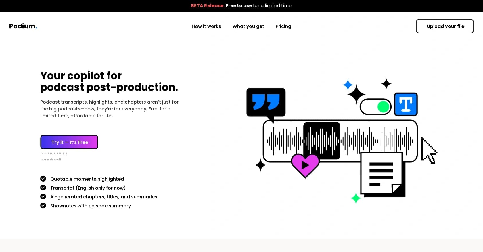 Podium homepage screenshot — Your copilot for podcast post-production.