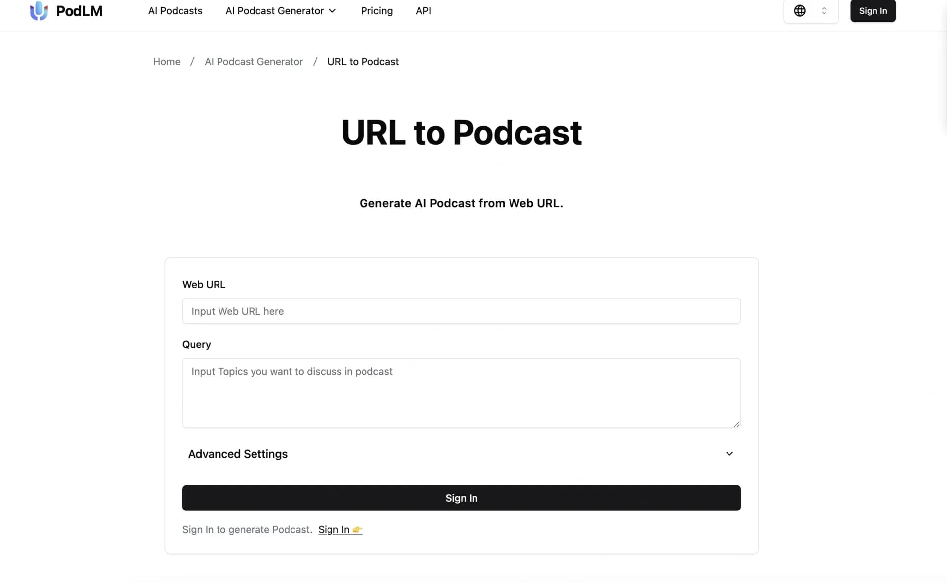PodLM homepage screenshot — Transform URLs into professional podcasts effortlessly