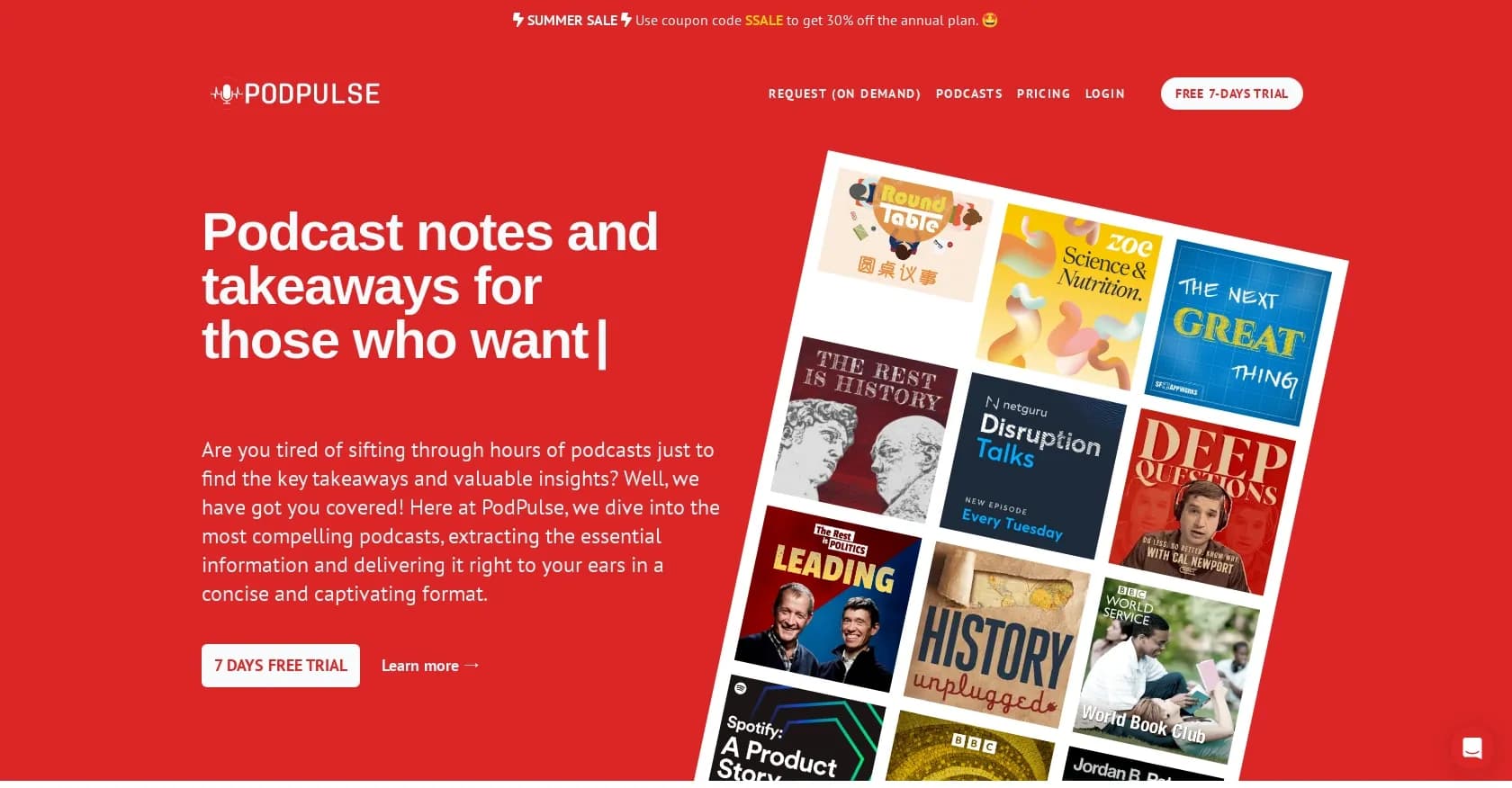 Podpulse homepage screenshot — Transform podcasts into bite-sized brilliance