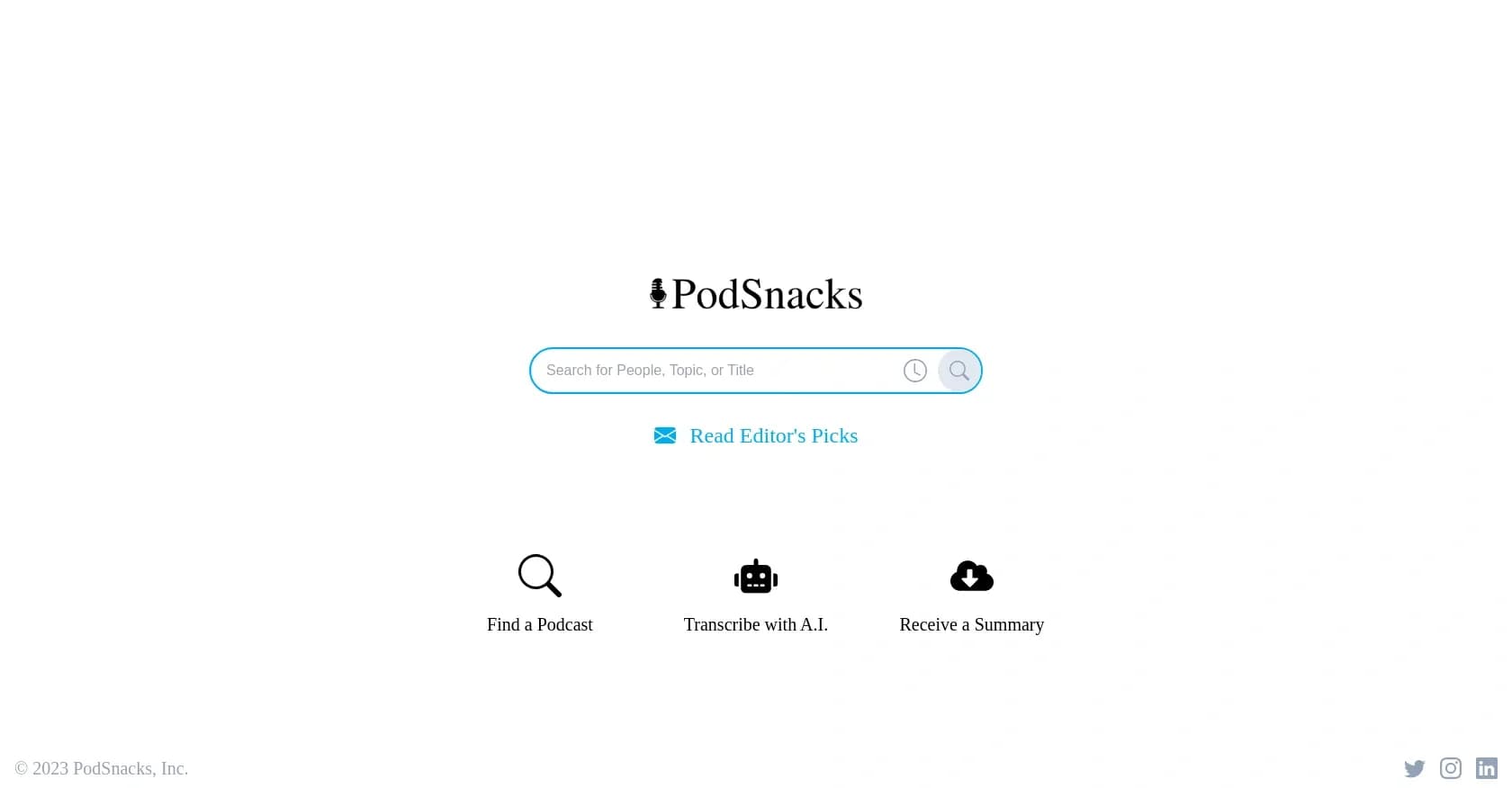 Podsnacks homepage screenshot — Streamline your podcast experience.