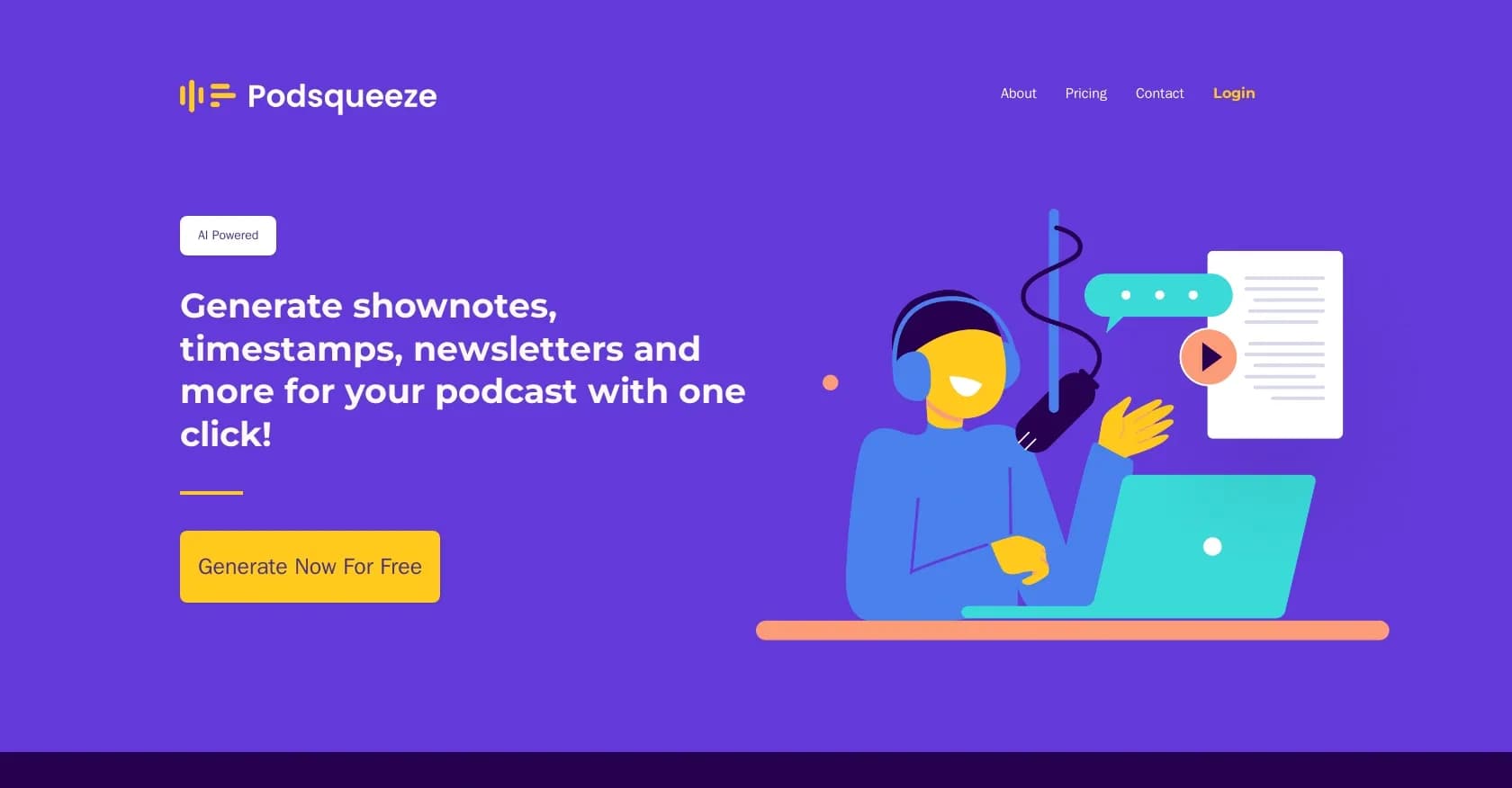 Podsqueeze homepage screenshot — Generate podcast content with one click
