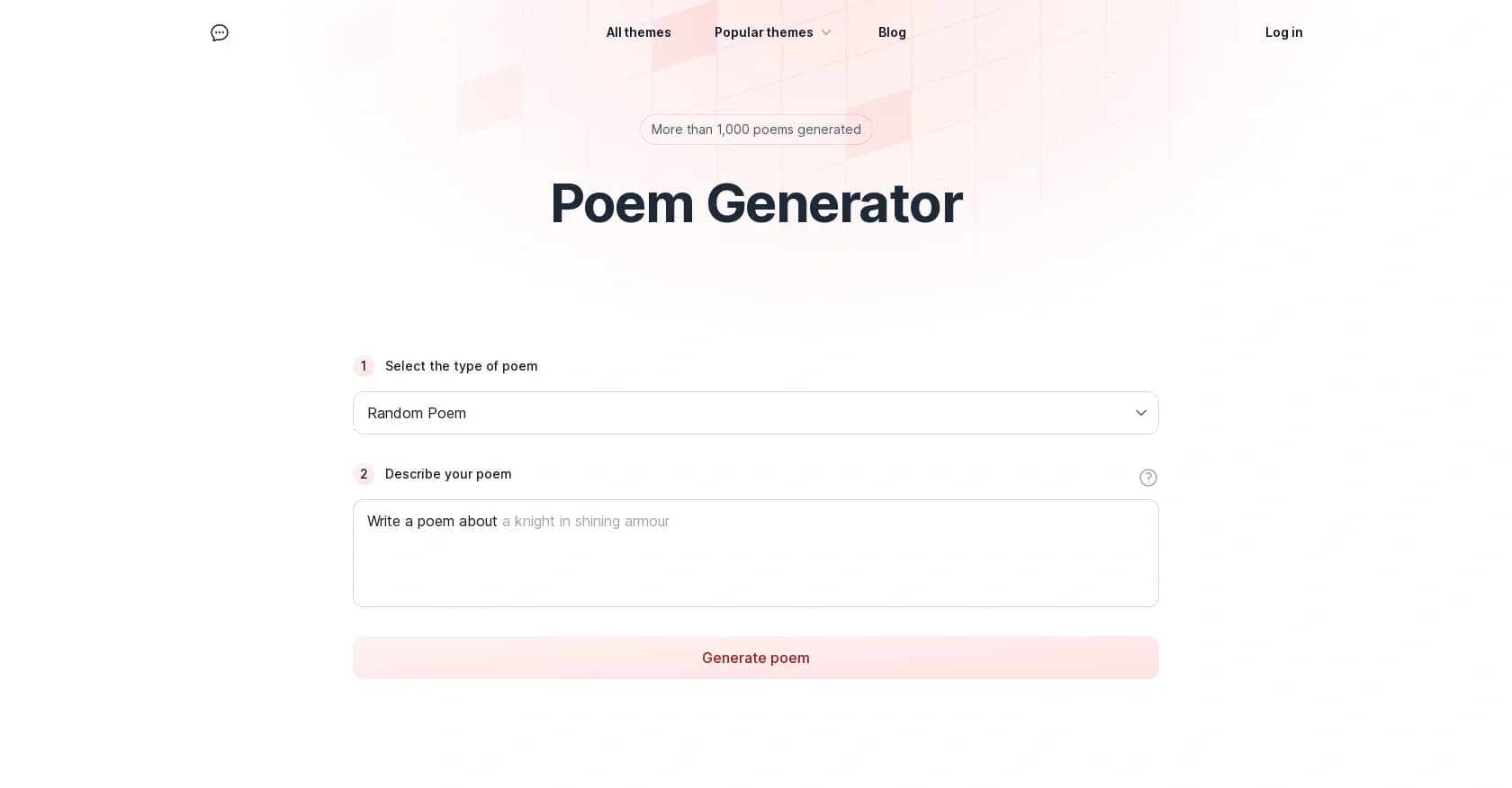 Poetry Tips homepage screenshot — Generate poems with AI in seconds