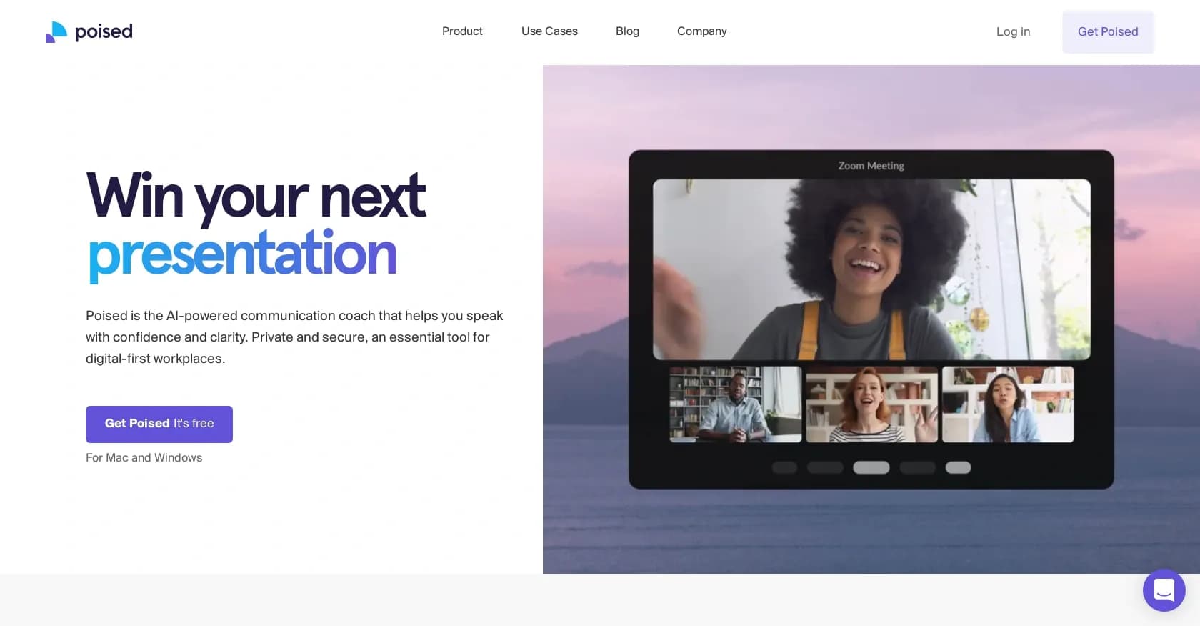 Poised 2.0 homepage screenshot — AI-powered communication coach for confident, clear speech.