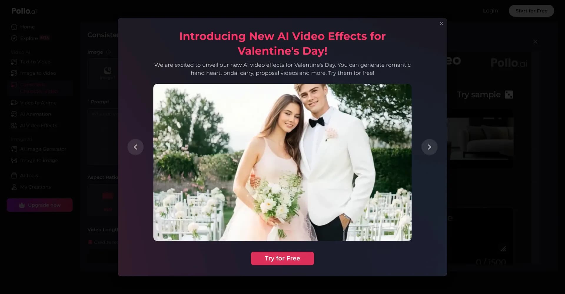 Pollo AI's Consistent Character Video Generator homepage screenshot — Create videos with consistent characters and scenes.