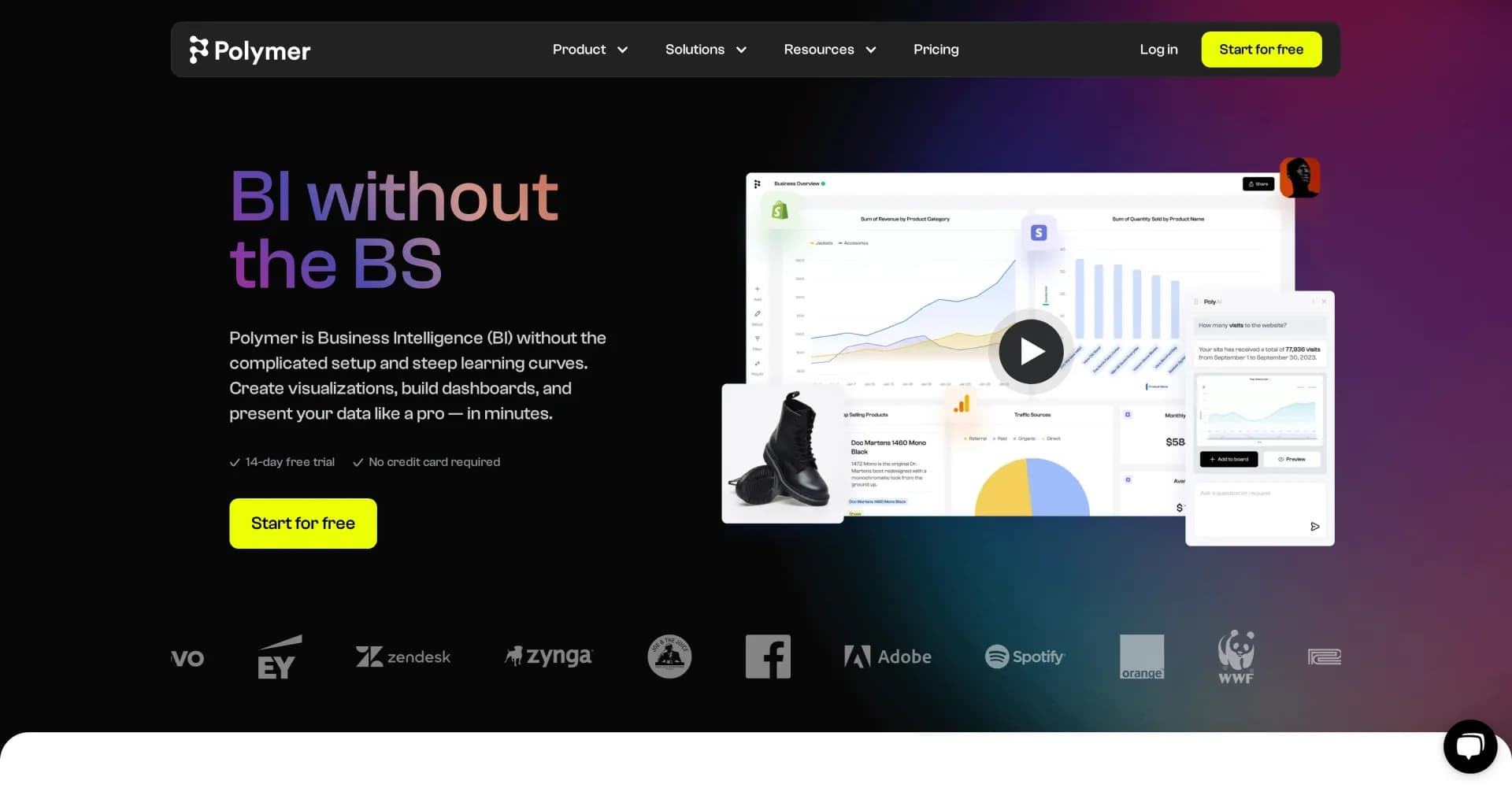 Polymer homepage screenshot — BI without the complicated setup and steep learning curves.