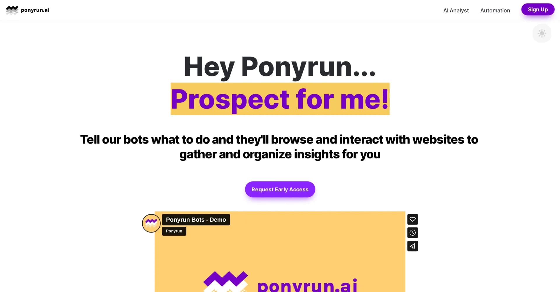 Ponyrun homepage screenshot — Automate prospecting across platforms with AI