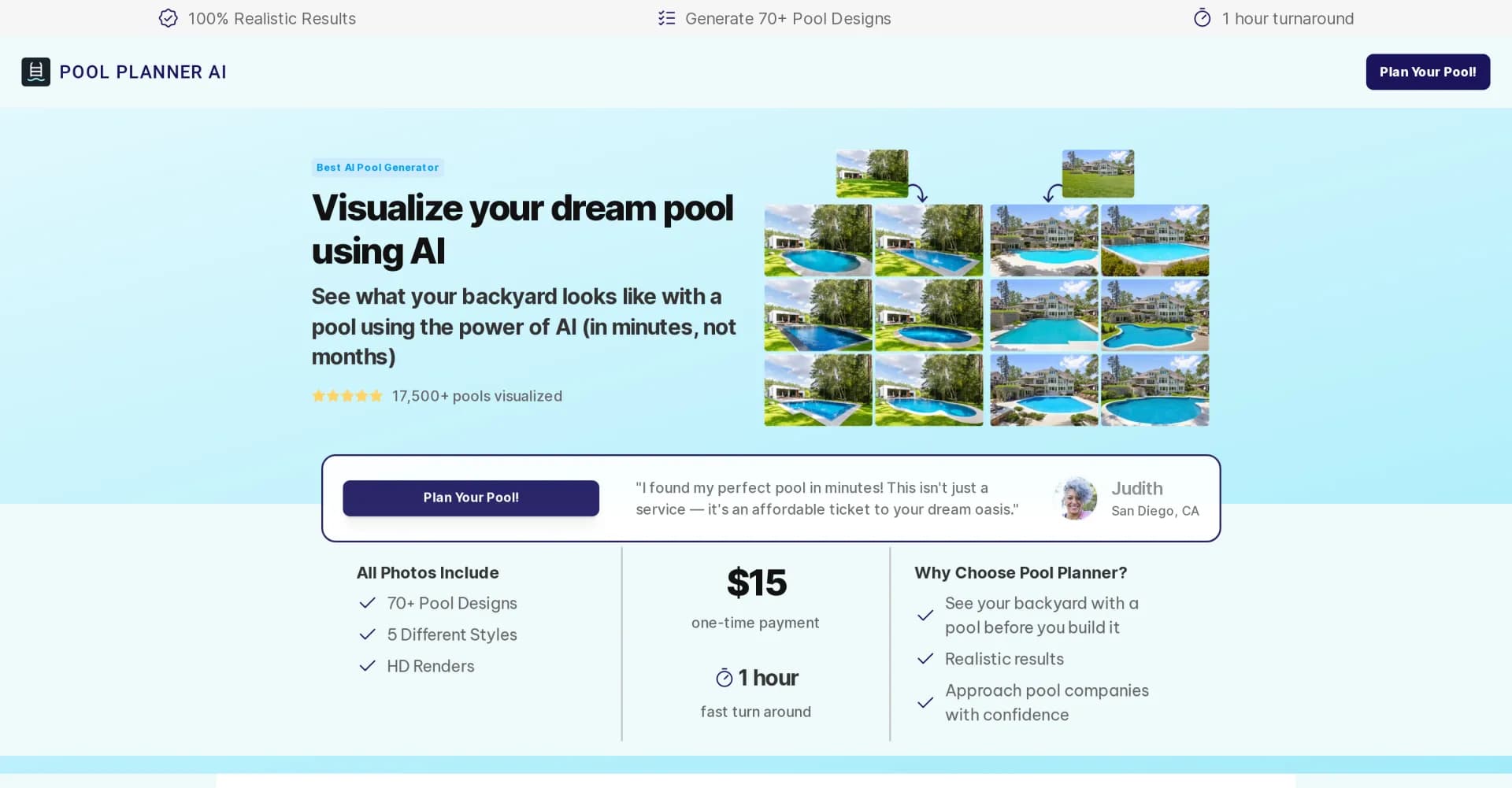 Poolplannerai homepage screenshot — Visualize your dream pool using AI in minutes.