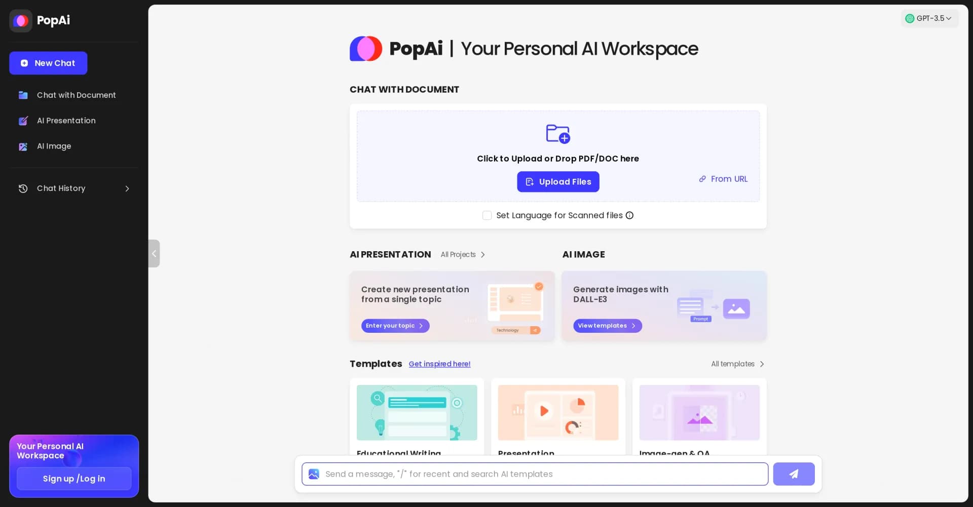 PopAi homepage screenshot — Boost productivity with your personal AI workspace.