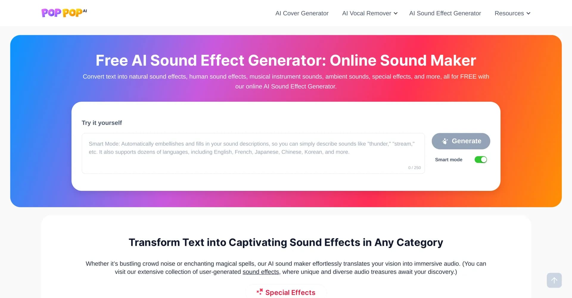 PopPop AI Sound Effect homepage screenshot — Create any sound from text with AI.