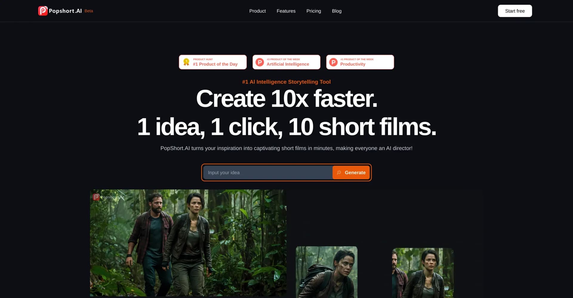 PopShort.AI homepage screenshot — Turn inspiration into short films instantly.