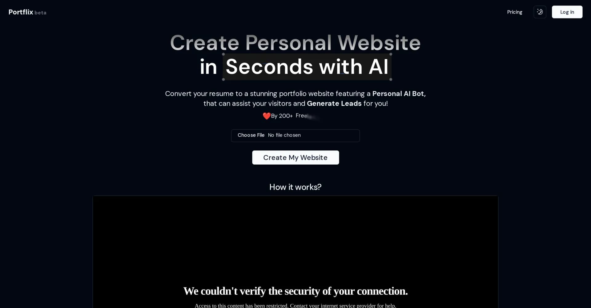Portflix homepage screenshot — Create AI-powered personal websites from your resume.