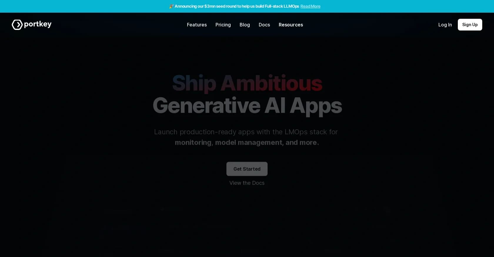 Portkey homepage screenshot — Ship ambitious generative AI apps faster
