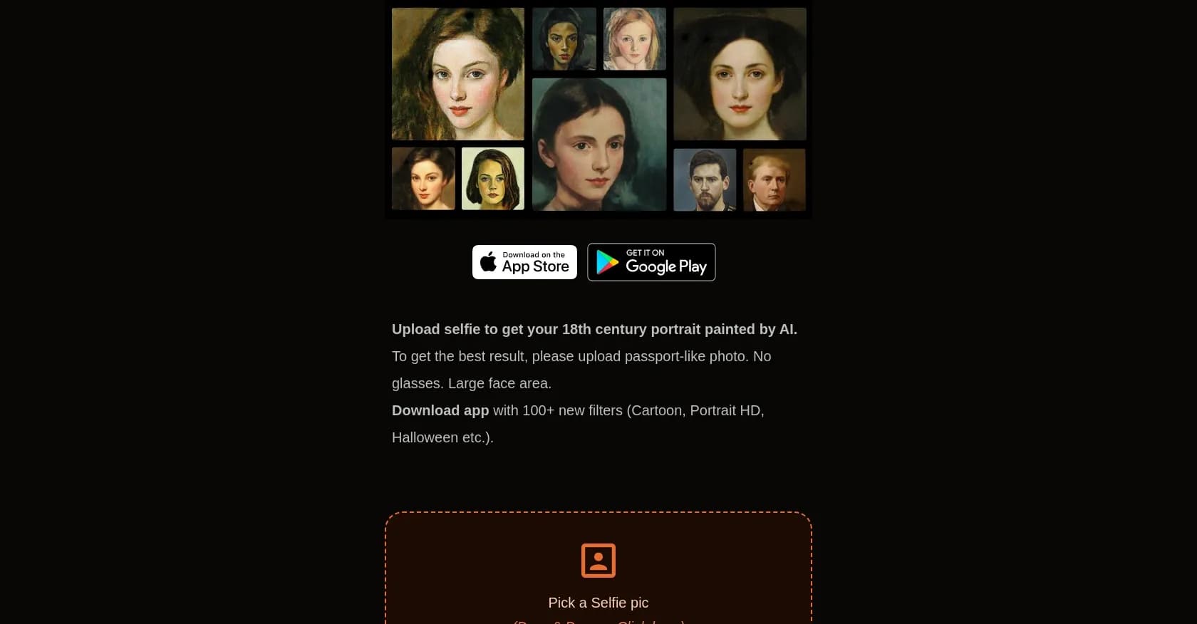 PortraitAI homepage screenshot — Turn selfies into AI-painted 18th century portraits.