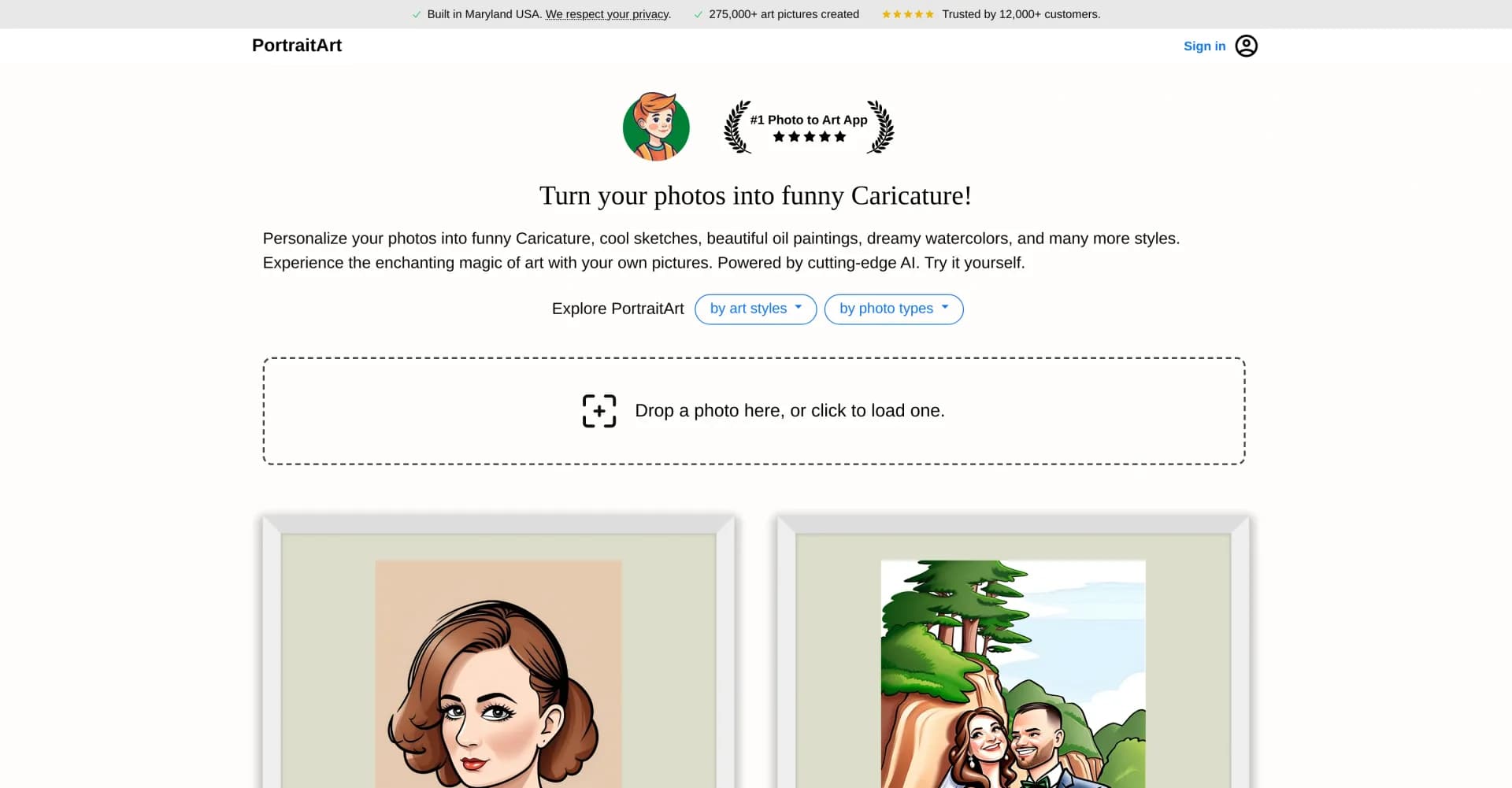 PortraitArt homepage screenshot — Transform photos into whimsical caricatures and art styles.