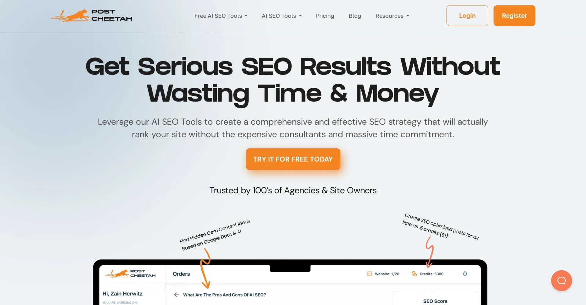 Post Cheetah homepage screenshot — Automate SEO with AI-powered tools and content creation.
