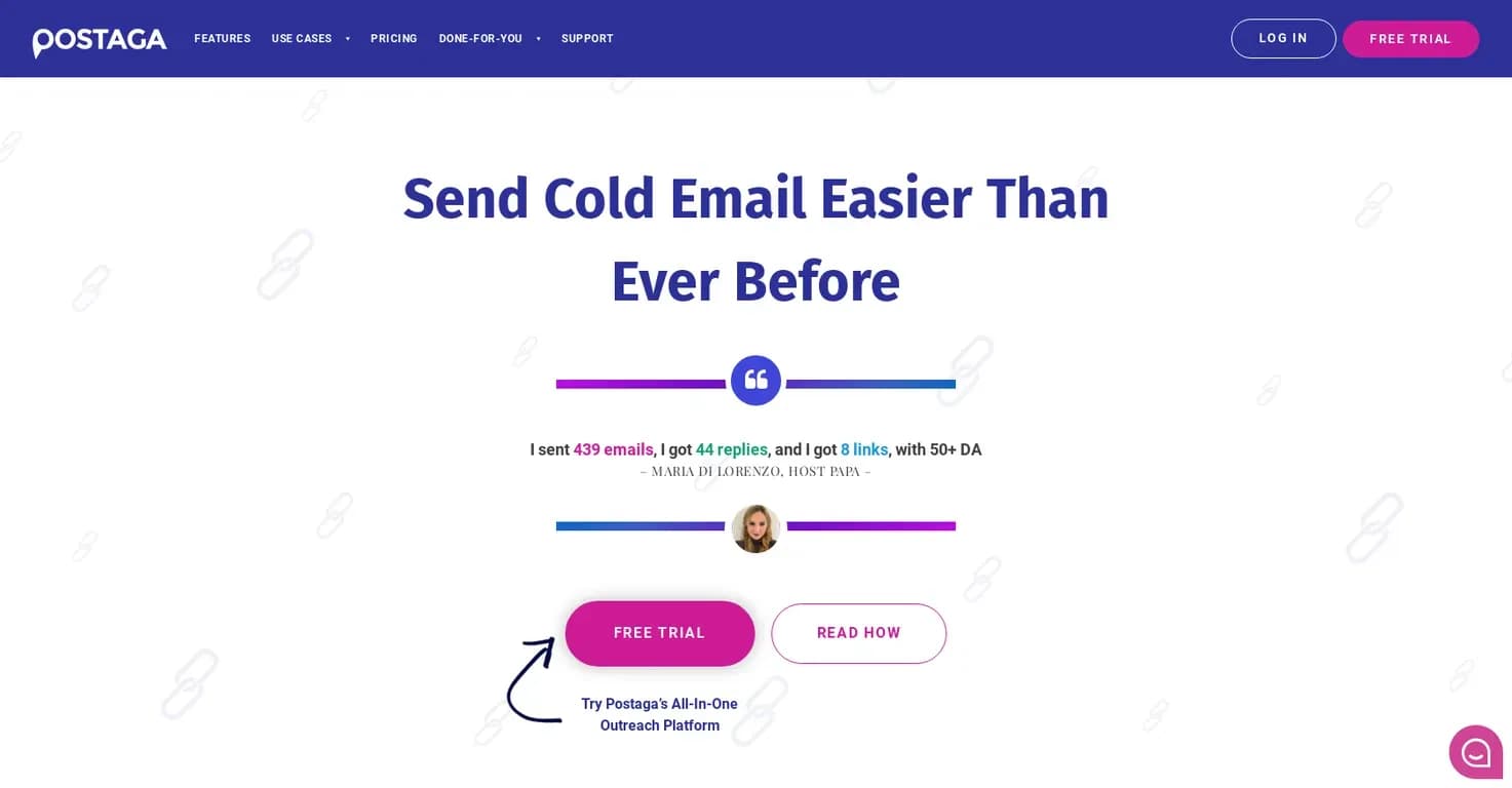 Postaga homepage screenshot — AI-powered outreach for leads and backlinks