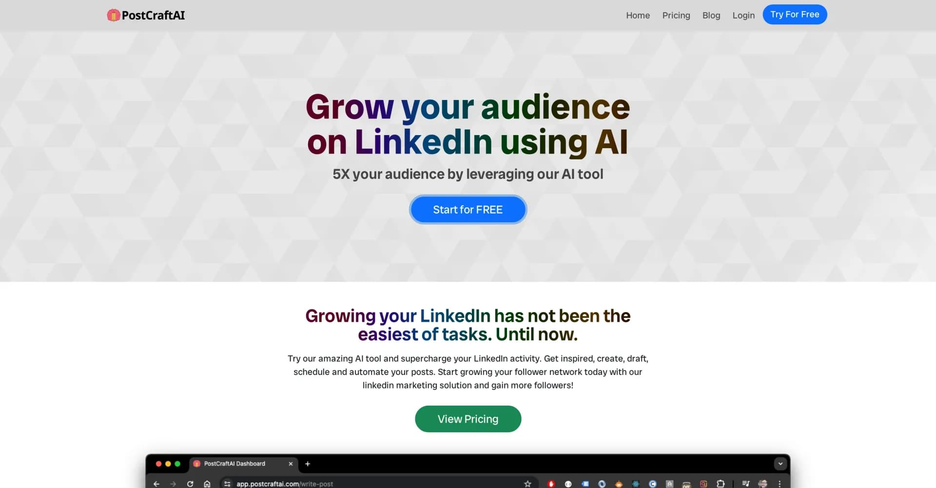 PostCraftAI homepage screenshot — Supercharge your LinkedIn growth with AI